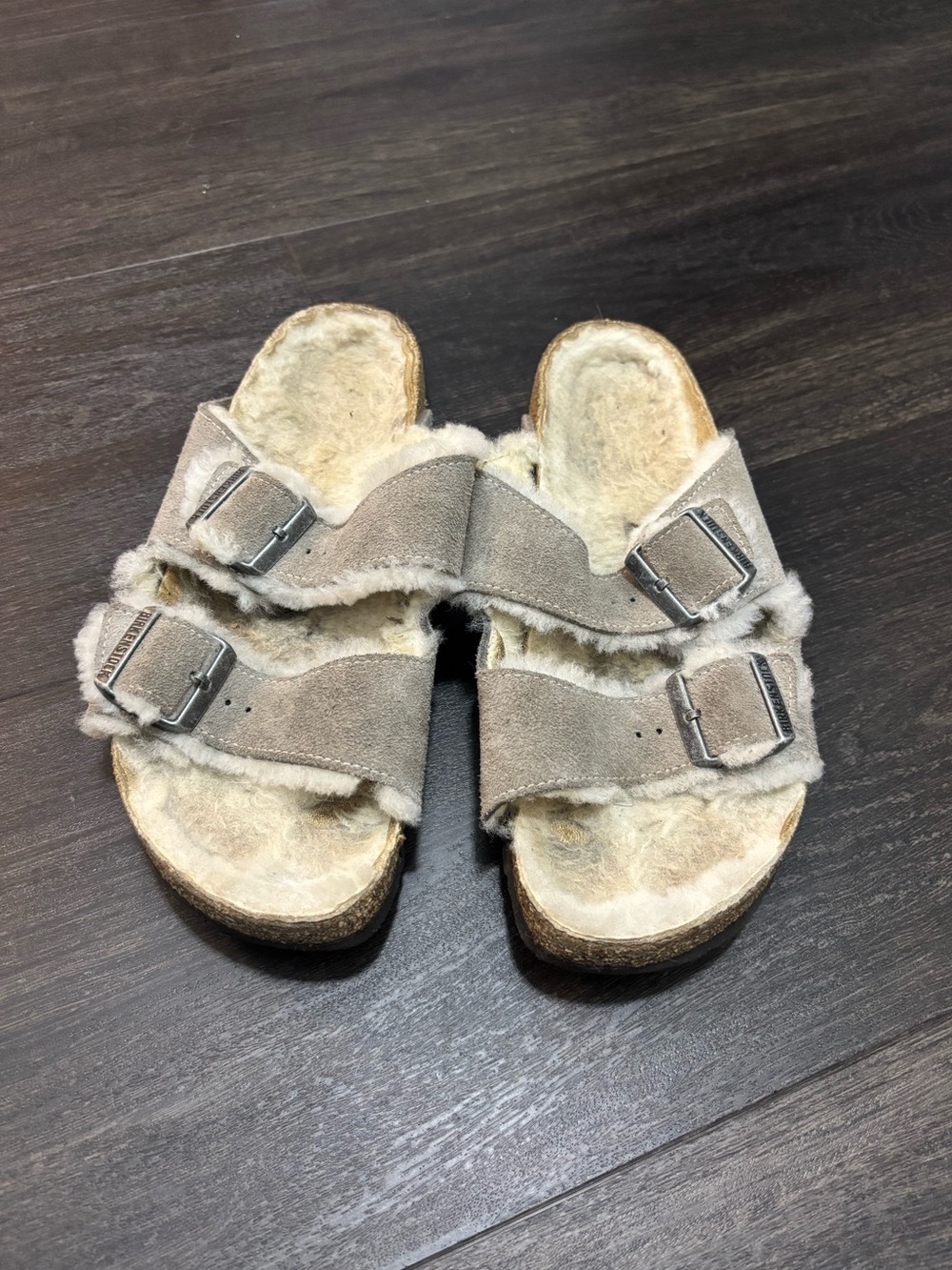 Birkenstock Arizona Shearling Lined Fur Suede Leather Sandals Womens 40 L9 Gray